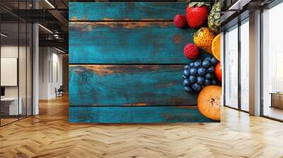 Fresh fruit on a blue wooden background with copy space. Wall mural