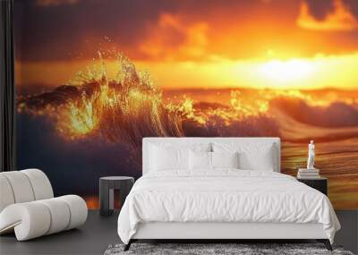 Golden sunset over the ocean with waves crashing on the shore. Wall mural