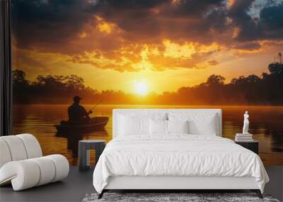 Silhouette of a fisherman in a boat on a lake at sunset with dramatic clouds and sunbeams. Wall mural