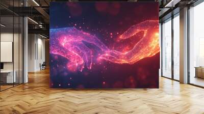 Two glowing hands reaching towards each other, one blue and one red, on a dark background with bokeh lights. Wall mural