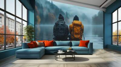 Two Hikers Pause by a Misty Lake Wall mural