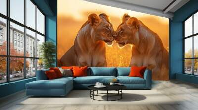 Two lionesses are sitting close together in a field of tall grass, their heads touching, as the sun sets behind them. Wall mural