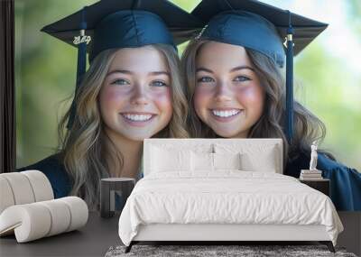 Two young women wearing graduation caps and gowns, smiling at the camera. Wall mural