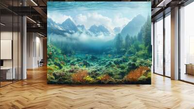 Underwater view of a mountain lake with lush forest and fish swimming. Wall mural