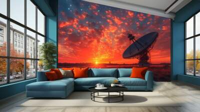 view of a large parabolic antenna against the sky with sunset rays Wall mural