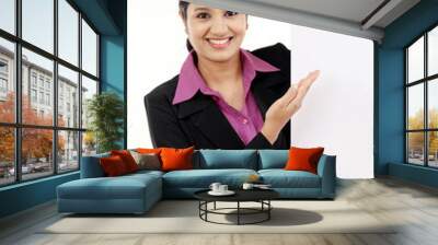 happy business woman showing blank signboard Wall mural