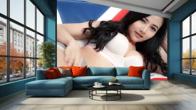 Adult asian young sexy lady with big breast and black long hair in white vest be full of sex appeal Wall mural