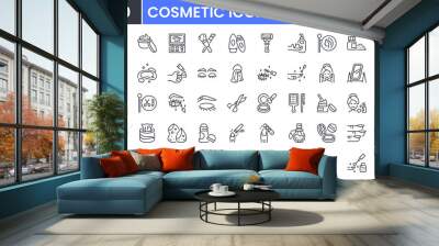 Cosmetic and beauty vector line icon set. Contain linear outline icons like makeup, skincare, lipstick, deodorant, lotion, salon, shampoo, perfume, soap, mascara, manicure. Editable use and stroke. Wall mural