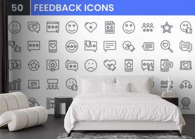 Feedback and Customer Satisfaction vector line icon set. Contains linear outline icons like Customer Relationship Management, Testimonial, Review, Experience, Heart, Star. Editable use and stroke. Wall mural