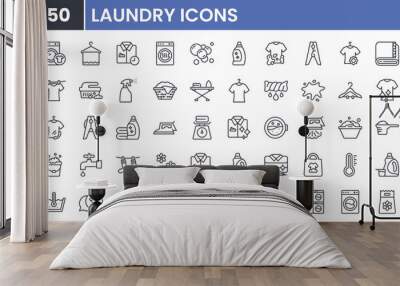 Laundry and Wash vector line icon set. Contains linear outline icons like Washer, Detergent, Clean, Machine, Dryer, Shirt, Iron, Hanger, Clothes, Softener. Editable use and stroke. Wall mural