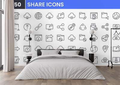 Share and Transfer vector line icon set. Contains linear outline icons like Download, Upload, Link, Publish, Cloud, Attach, Hyperlink, File, Link, Web, Send, Site, Internet. Editable use and stroke. Wall mural