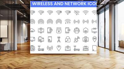 wireless and network vector line icon set. contains linear outline icons like connection, signal, in Wall mural