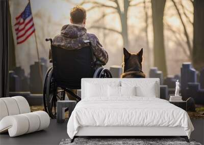 American war veteran in a wheelchair with with German Shepherd in a cemetery at Day of Remembrance Wall mural