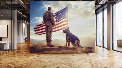 Back of american military man with service german shepherd on the background of the US flag, veterans day Wall mural