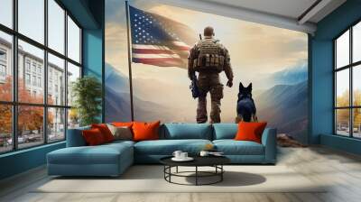 Back of american military man with service german shepherd on the background of the US flag, veterans day Wall mural