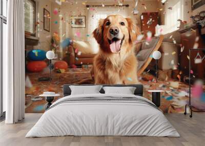 Golden retriever portrait against the backdrop of a mess at home created with Generative AI technology Wall mural