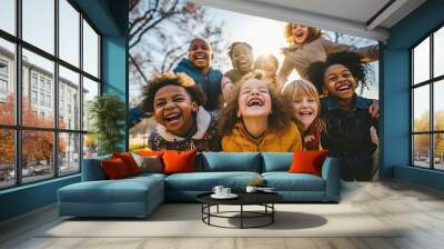 Group of diverse cheerful fun happy multiethnic children outdoors created with Generative AI technology Wall mural