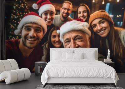 Happy people take family selfie photo together during christmas dinner Wall mural