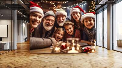 Happy people take family selfie photo together during christmas dinner Wall mural