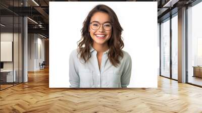 Happy satisfied woman wearing glasses portrait on white background created with Generative AI technology Wall mural