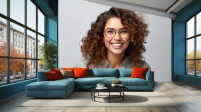 Happy satisfied woman wearing glasses portrait on white background created with Generative AI technology Wall mural