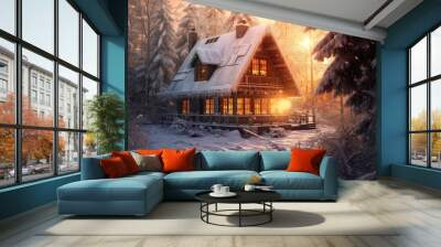 Landscape of wooden house in snow forest, winter fairy tale Wall mural