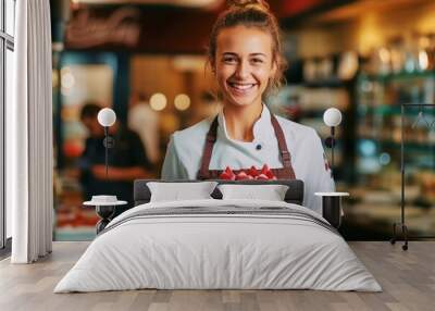 Portrait of cheerful young attractive satisfied smiling pastry chef woman wearing apron and holding plate with cake working in pastry shop Wall mural