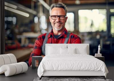 Portrait of smiling joyful satisfied handsome craftsman wearing apron and glasses working in own wooden workshop, successful small business Wall mural