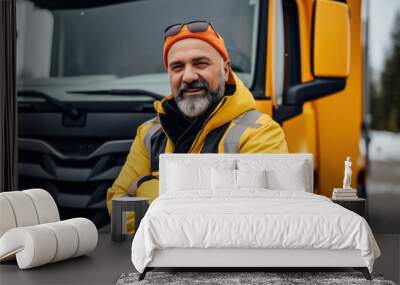 Portrait of truck driver man, cargo transportation Wall mural