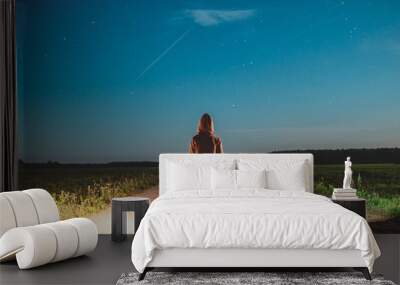 Woman stands alone on a path in the middle of a field and watches the stars Wall mural