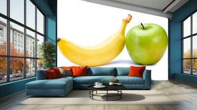 Yellow banana and ripe green apple isolated on white background. Fresh and fiber fruits. Wall mural