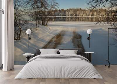 Winter landscape: the Burnaya river flows into Lake Ladoga, trees covered with hoarfrost, panoramic view Wall mural