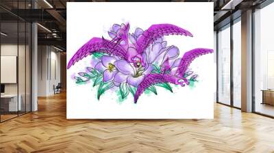 Vector illustration of a beautiful lily flower with purple pterodactyls on it Wall mural