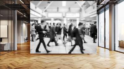 business people walking in the subway station. motion blurred black and white filter Wall mural