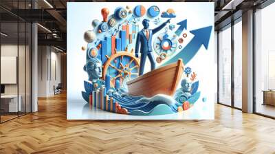 3d flat icon as Visionary Voyage An ad illustrating a visionary leader guiding a ship through market trends. in financial growth and innovation abstract theme with isolated white background ,Full dept Wall mural