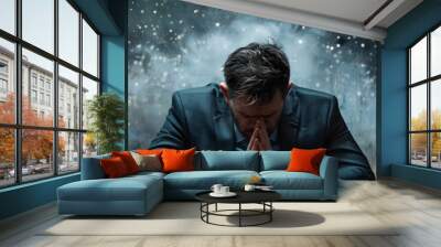 A business professional dealing with a technology failure during a presentation, highlighting the challenges of relying on tech in a photo realistic concept of a bad day at work Wall mural