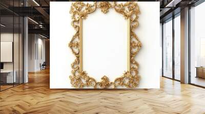 3D gold ornate frame with intricate floral swirl patterns and decorative scrollwork, isolated on a white background Wall mural