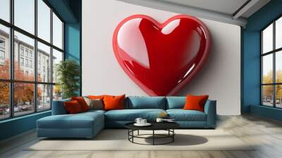 A 3D, minimalist red heart-shaped icon with a glossy finish, isolated on a light grey surface, perfect for a romantic greeting Wall mural