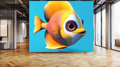 A charming 3D icon of a tropical fish with bright colors and expressive features, isolated against a soft blue background, symbolizing ocean diversity and marine life Wall mural