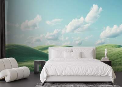 A clean, modern 3D render of a green, rolling meadow under a blue sky with soft clouds, focusing on minimalism and beauty in nature Wall mural