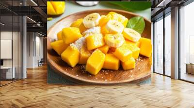 A closeup of a delicious and healthy Asian dessert featuring ripe bananas, fresh mangoes, and creamy coconut, served on a traditional wooden plate with a sprinkle of sugar and a backdrop of white Wall mural