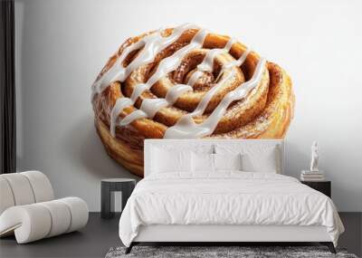 A detailed 3D render of a freshly baked cinnamon roll with icing drizzled on top, isolated on a transparent background Wall mural