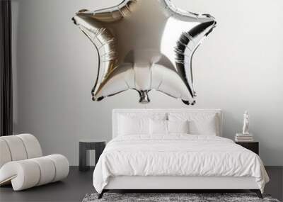 A floating silver balloon in the shape of a star, with a glossy finish and soft light reflections, against a clean white background Wall mural