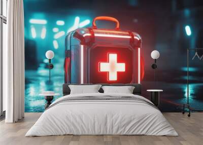 A futuristic 3D render of a first aid kit with glowing edges, symbolizing health care innovation Wall mural