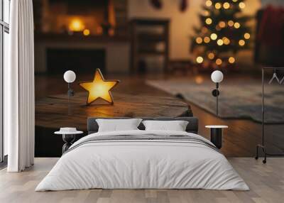 A rustic wooden tabletop with a glowing Christmas star ornament, soft light illuminating a cozy winter holiday interior, minimal and abstract design Wall mural