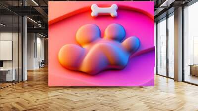 A vibrant and playful 3D rendering of a dog paw print with a bone icon above it, symbolizing pet care, placed on a colorful background with soft shadows Wall mural