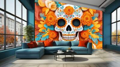 A vibrant Dia de los Muertos skull design featuring intricate marigold and floral patterns, set against a festive background Wall mural