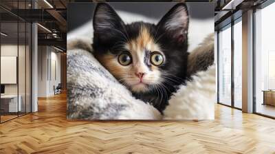 An adorable tortoiseshell kitten peeking out from behind a fluffy pillow, its curious expression enhancing its playful demeanor Wall mural