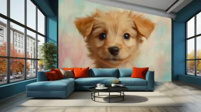 Close-up portrait of a small brown puppy with soft fur, looking curiously at the camera, ears perked up, against a pastel background Wall mural