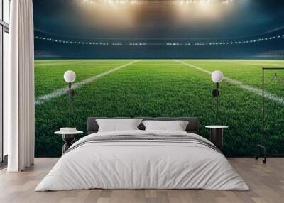 Soccer stadium with a lush green field and illuminated lines, creating a dynamic backdrop for sports events and championship promotions Wall mural